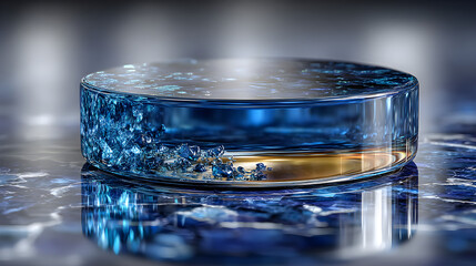 Floating Blue Glass Disc on a Reflective Surface