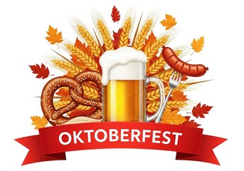 Oktoberfest celebration vector illustration with beer, pretzel, sausage, wheat, and fall leaves