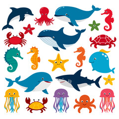 Colorful cartoon ocean animals, including whales, sharks, and jellyfish, in cheerful design.