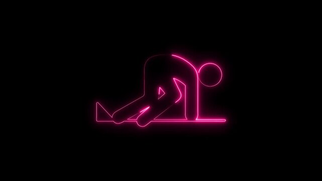 Glowing neon sign animation of a person bowing down in pink color on black background