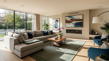 A contemporary living room interior with a comfortable sofa and elegant armchair near a modern fireplace