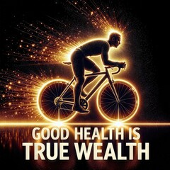 A vibrant image showcases a male cyclist illuminated by radiant golden light trails as he rides forward, with the slogan 'Good Health is True Wealth' highlighted beneath him, capturing a sense of moti