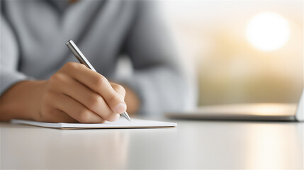 Close up of businessman writing notes with pen on white paper in sunlight, concept of planning, corporate management, productivity and professional lifestyle.