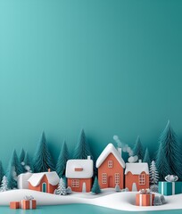 Obraz premium 3D winter card with snow-covered houses, presents and pine trees in rust and teal colors. Perfect for New Year and Christmas products, wallpaper and making stories