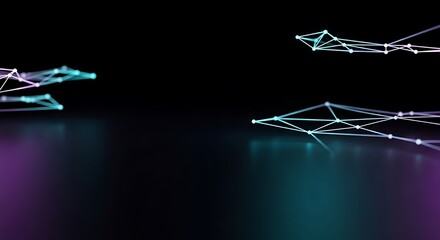 Illustration of floating digital network structures with glowing nodes and lines