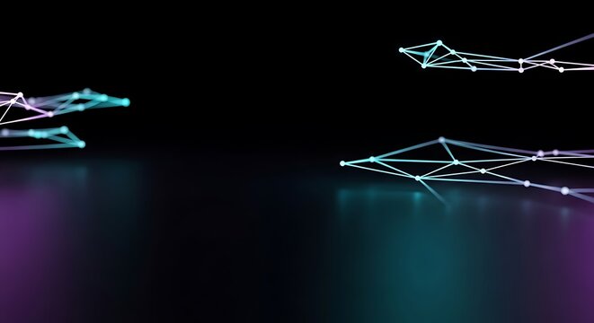 Illustration of floating digital network structures with glowing nodes and lines