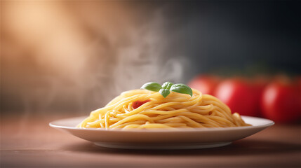 Steaming plate of spaghetti pasta with vegetables served in a bowl, symbolizing delicious Italian cuisine, gastronomy, comfort food and homemade lifestyle in warm atmosphere.