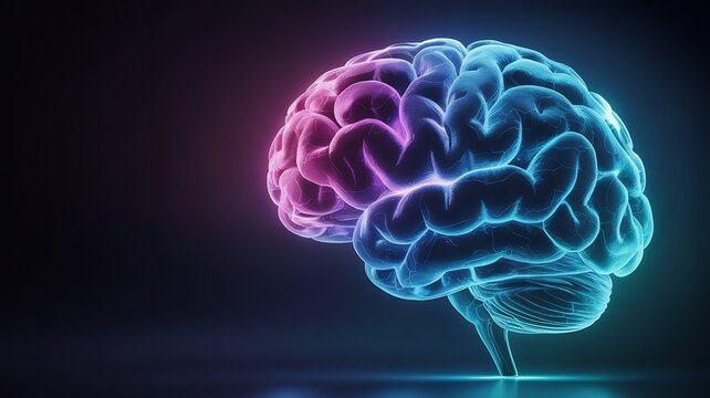 Abstract glowing 3d render of a human brain with neon blue and pink light, symbolizing thought and cognition