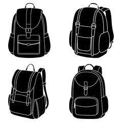 Fototapeta premium Illustration of four different black and white backpacks with straps and pockets in a vector style design