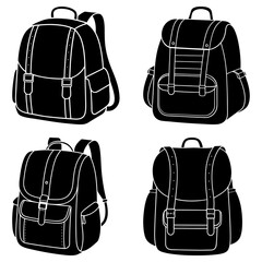 Fototapeta premium Four black and white backpacks with straps and pockets in a vector illustration design format image