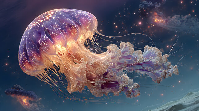 Imaginative depiction of a cosmic jellyfish gracefully drifting within an intensely vibrant nebula