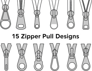15 zipper pull designs, black and white vector, zipper slider styles, fashion accessory elements, sewing hardware illustrations, clothing fastener options, garment design components