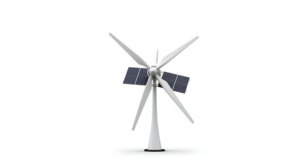 A wind turbine and solar panel combined into a single futuristic design, isolated on white background, clean minimalistic style
