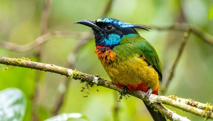 Vibrant colorful bird perched on branch in lush foliage
