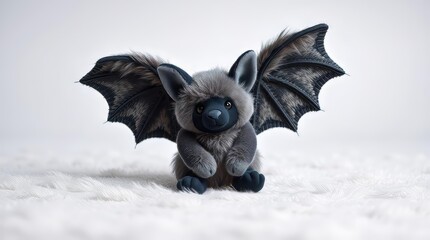 Obraz premium Plush halloween bat toy with fluffy wings in pastel black and gray colors