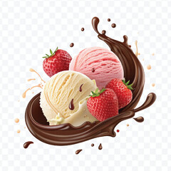 realistic swirling creamy vanilla and strawberry ice cream scoops with chocolate splash isolated on transparent background	