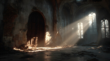 Dramatic sunlit rays illuminating the interior of a ruined building, emphasizing its textured walls