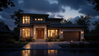 This is a photograph of a modern, two-story house at dusk. The house has a sleek, contemporary design with large, illuminated windows and a flat roof. The exterior is a mix of beige brick and smooth,