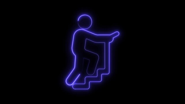 Neon stick figure climbing stairs abstract glowing motion graphic on black background