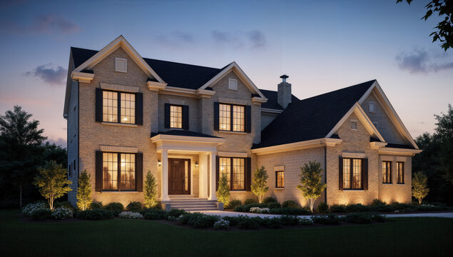This photograph captures a large, two-story colonial-style house at dusk, illuminated by warm, outdoor lights. The house features beige brick walls, black shutters, and a dark, steeply-pitched roof.