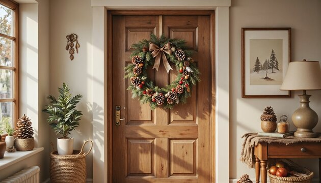 Cozy entrance with wooden door and festive wreath for holidays - Powered by Adobe