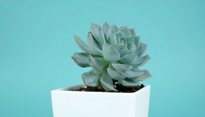 Light gray succulent in white pot against teal background