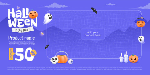 Vector design of a horizontal banner with a "Halloween sale" concept, a "product display" area, and a user-friendly design.