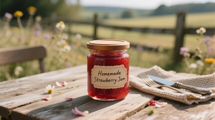 Red Jam in Glass Jar on Rustic Table Outdoors – Homemade Food Photography