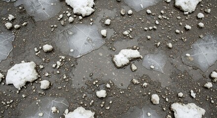 Melting Ice on Ground with Wet Asphalt and Snow Pieces