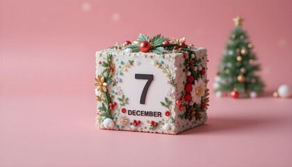 Decorative December 7th holiday calendar block adorned with festive ornaments, holly, and Christmas accents, set against a pink background with a small Christmas tree, marking the countdown