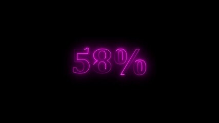 58 percent neon glowing sign on black background loop animation. 4k video text Animated