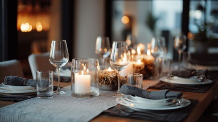 Fototapeta premium elegant dinner table set for a small celebration at home candles wine glasses and a minimalist chic decor