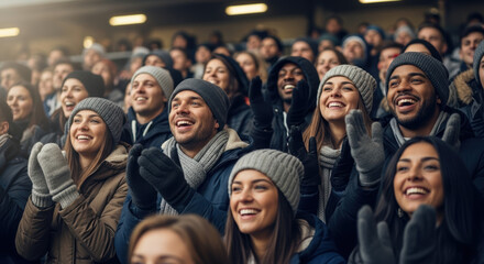 Crowd of people watches sport game in stadium with cheerful expressions, a vibrant display of community spirit. Excitement in the crowd, observing game, shows unified support,