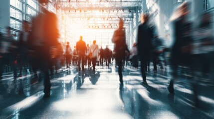 blurred business people rush at trade fair hall or hitech airport with sunlight abstract business background