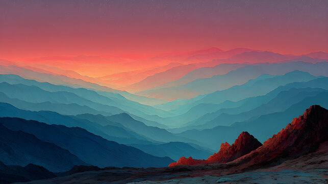 Minimalist landscape painting capturing a serene red sunset subtly silhouetting soft blue mountains