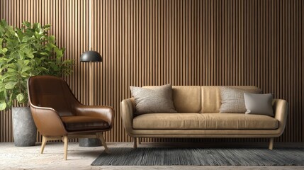 modern living room interior design with brown leather chair beige sofa and wooden wall panels  3d render illustration stylish scandinavian living room with design