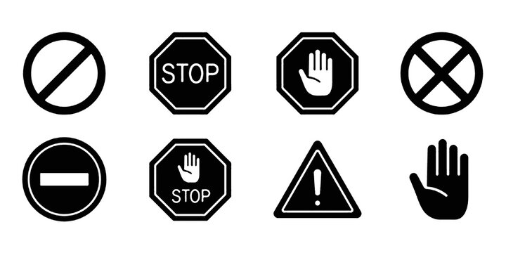 black STOP icon set. Containing warning, prohibition, stop, hand, danger, no entry, alert, road, barrier sign. Flat vector illustration.