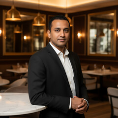 Fototapeta premium Confident professional businessman in suit in upscale restaurant