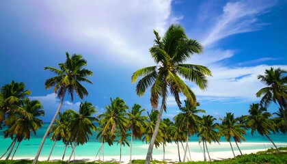 Fototapeta premium Tropical beach with palm trees, turquoise water, and a vibrant sky