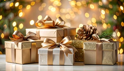 Festive gifts stacked, golden ribbons, sparkling bokeh background, cozy holiday scene