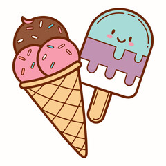 Cute Ice Cream Cone and Popsicle with Sprinkles