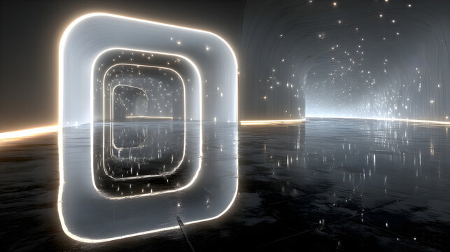 Futuristic abstract tunnel scene created with glowing neon wireframe lines receding into depth