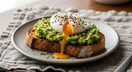 Delicious Avocado Toast with a Runny Poached Egg.