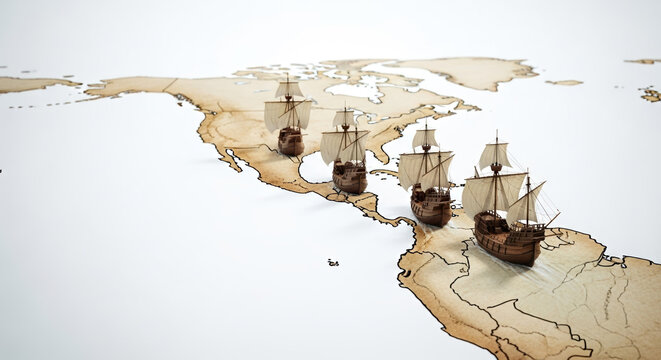 Marking Columbus Day with a vintage map featuring sailing ships, illustrating his historic voyage and exploration of new lands.