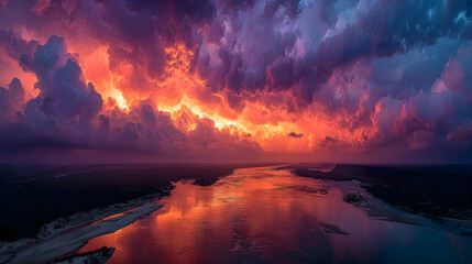 Captivating aerial view of a dramatic sunset storm unfolding powerfully above a tranquil river