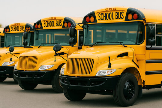 Front view of yellow school buses in parking lot