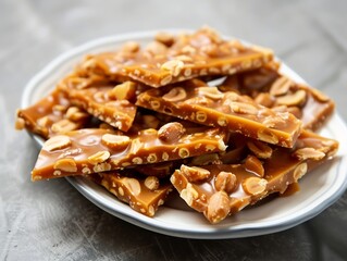 peanut brittle pieces arranged on plate, immersive textures, natural daylight, lifestyle snack stock JPG   2