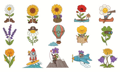 Naklejka premium Whimsical Flower Characters on Adventures travel exploration.