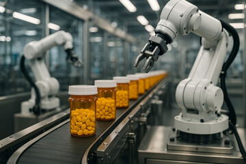 Robotic arms managing pill bottles on pharmaceutical production line in modern high-tech medical factory