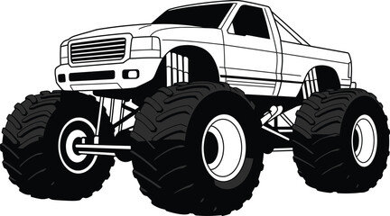 monster truck illustration in black and white silhouette on transparent background © AL-AMIN